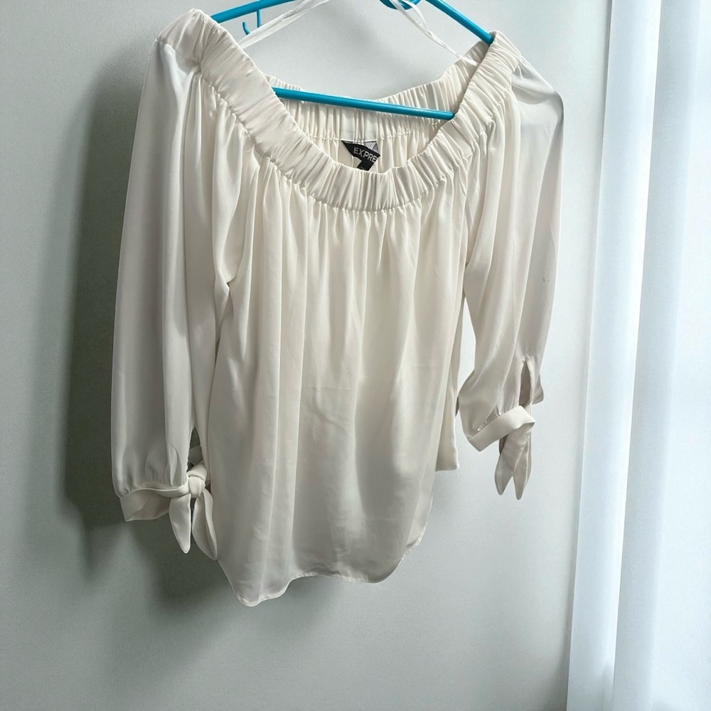 Express Off White Off The Shoulder Tie Sleeve Flowy Blouse Top Small